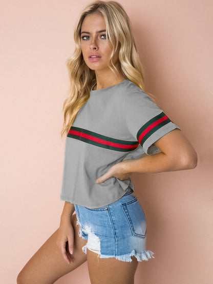 Contrast Round Neck Short Sleeve Tee Trendsi