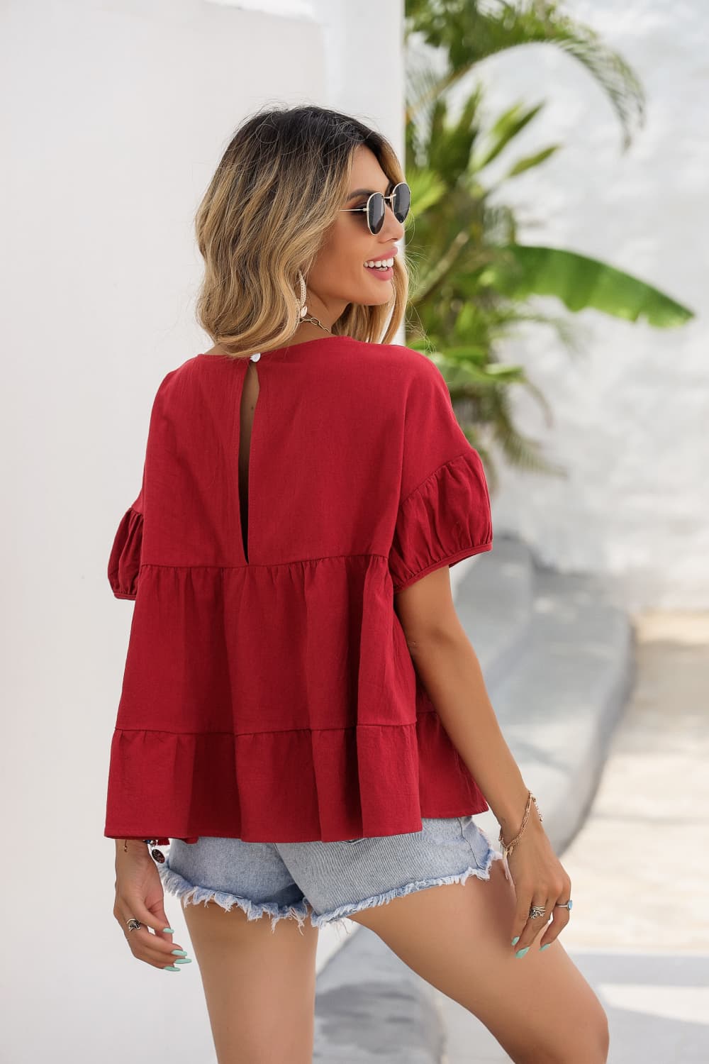 Round Neck Ruched Short Sleeve Blouse Trendsi