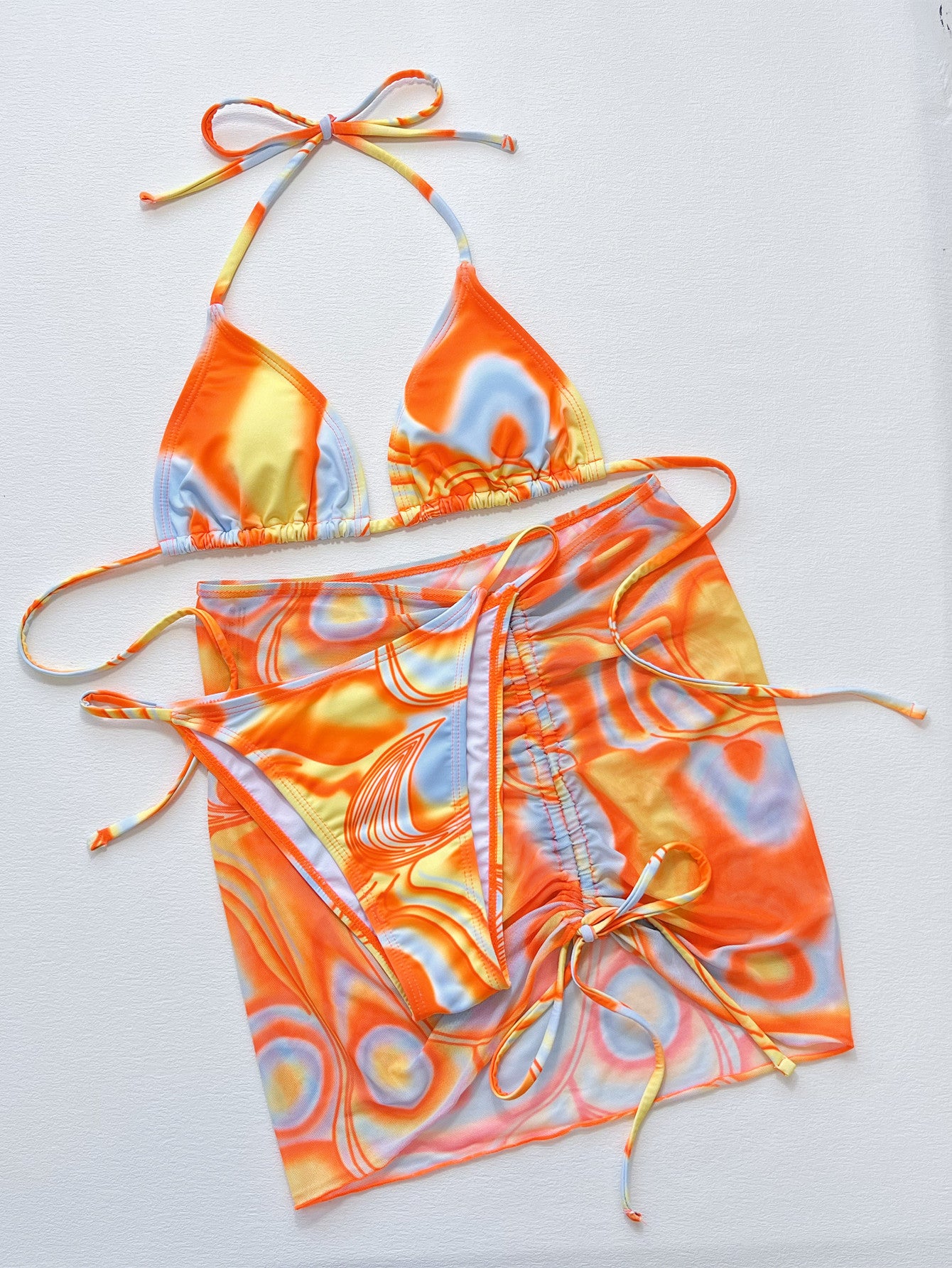 Multicolored Drawstring Ruched Three-Piece Swim Set Trendsi