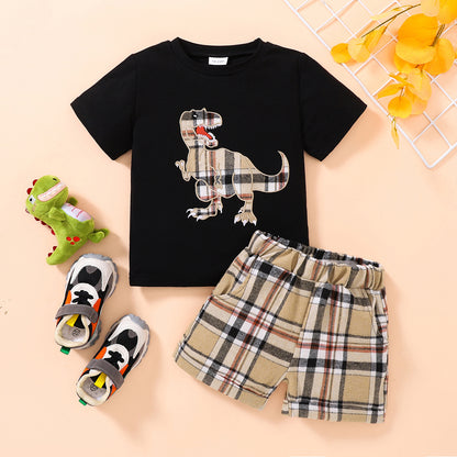 Boys Dinosaur Graphic Tee and Plaid Shorts Set Trendsi