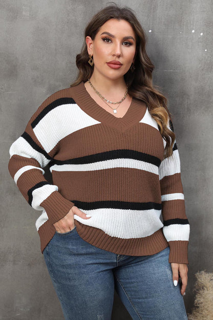 Plus+ Striped V-Neck Dropped Shoulder Sweater