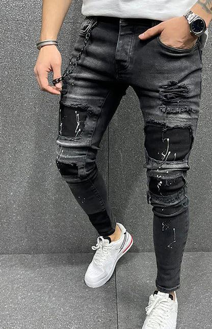 Men's Fashion Mid Waist Ripped Slim Jeans kakaclo