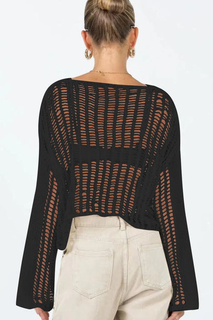 Openwork Boat Neck Long Sleeve Top Trendsi