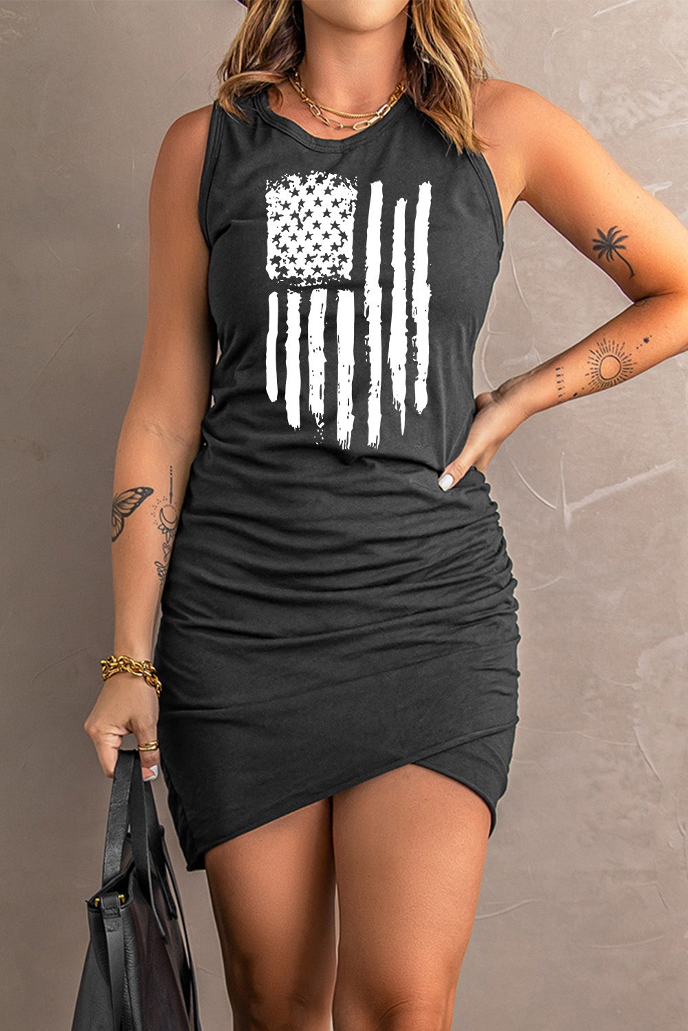 US Flag Graphic Tulip Hem Ruched Sleeveless Dress Trendsi