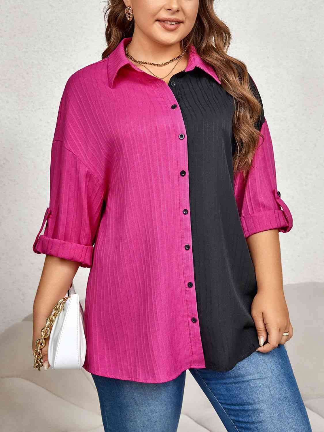 Contrast Color Roll-Tap Sleeve Shirt