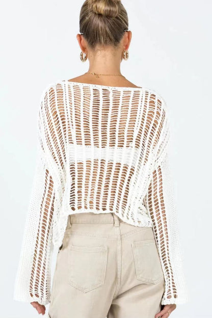 Openwork Boat Neck Long Sleeve Top Trendsi