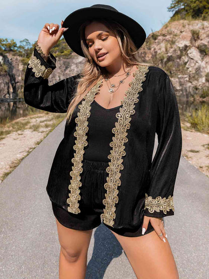 Plus Size Contrast Long Sleeve Top and Shorts Set