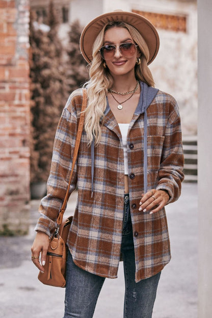 Plaid Dropped Shoulder Hooded Longline Jacket