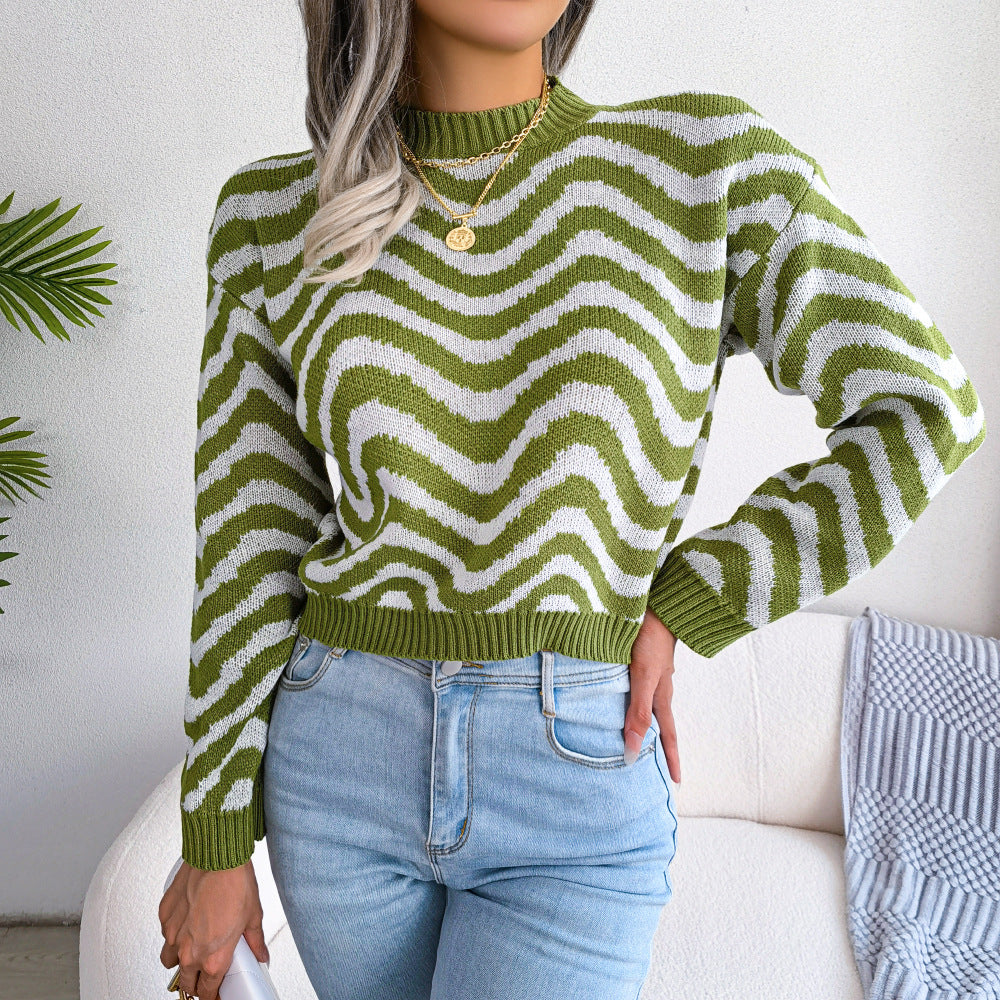 Wavy Stripe Dropped Shoulder Sweater Trendsi