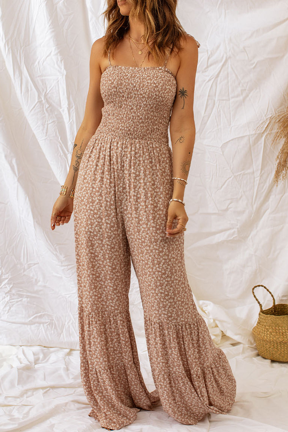 Floral Spaghetti Strap Smocked Wide Leg Jumpsuit Trendsi