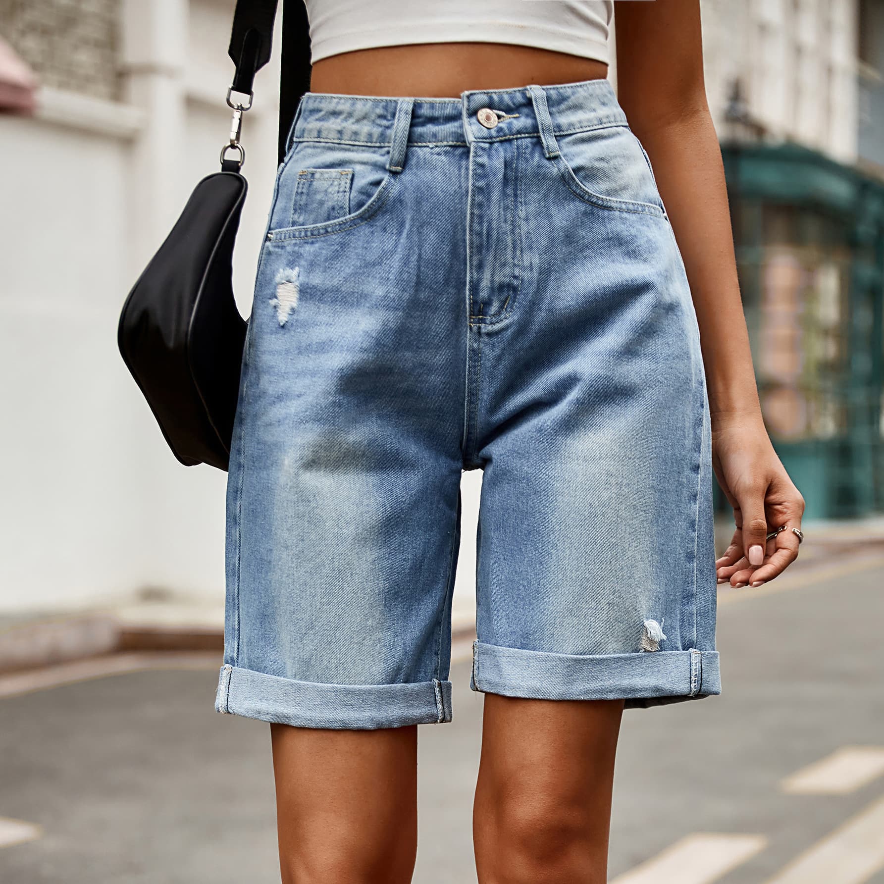 Distressed Buttoned Denim Shorts with Pockets Trendsi