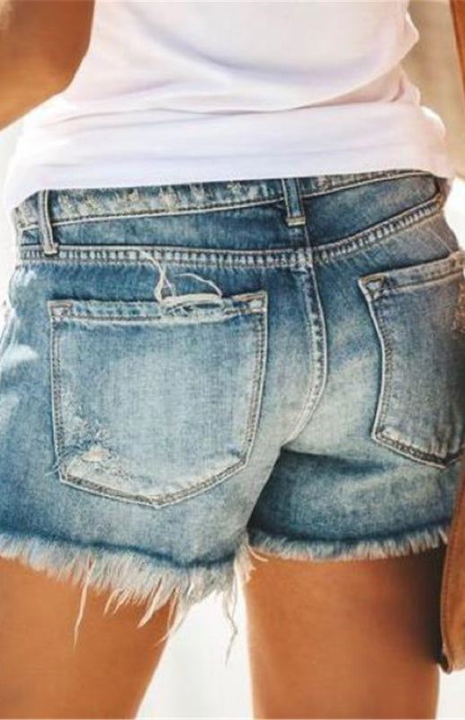 Fringed Cut-Out Denim Shorts kakaclo