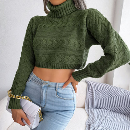 Cable-Knit Turtleneck Cropped Sweater Trendsi