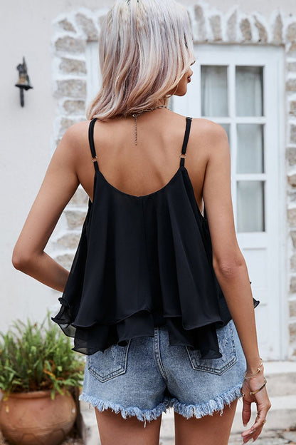 Scoop Neck Spaghetti Strap Ruffle Hem Tank Trendsi