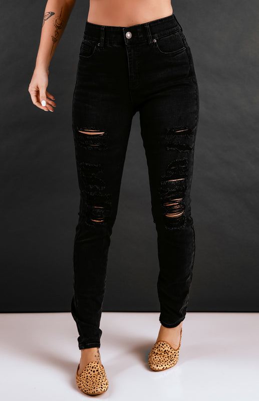 Black Distressed Ripped Slim High Waist Jeans kakaclo