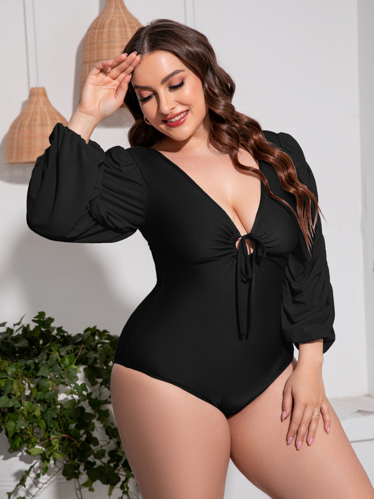 Gem Pus+ Tied Deep V Balloon Sleeve One-Piece Swimsuit Trendsi