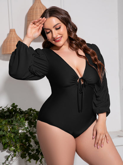 Gem Pus+ Tied Deep V Balloon Sleeve One-Piece Swimsuit Trendsi