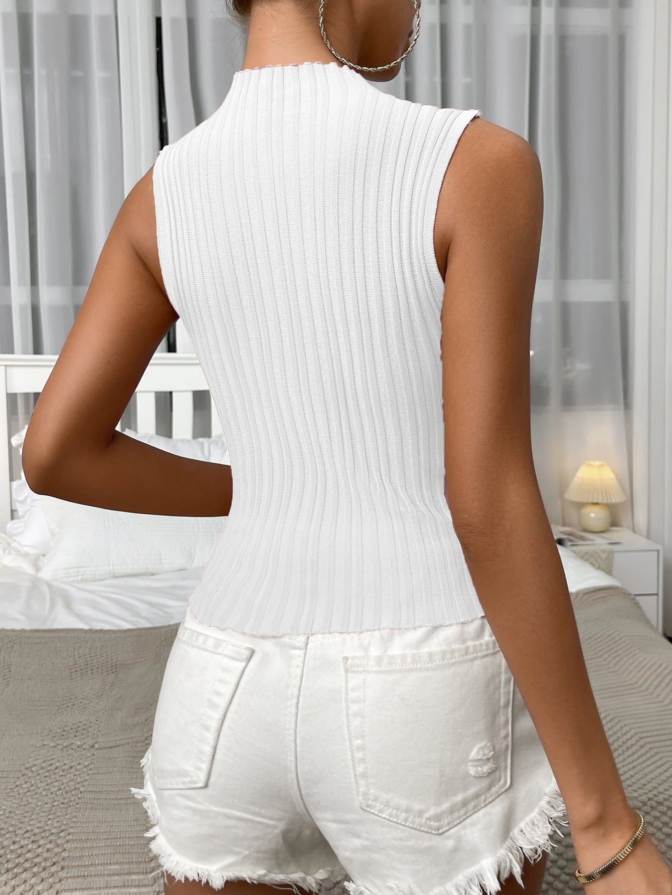 Mock Neck Ribbed Knit Tank Trendsi