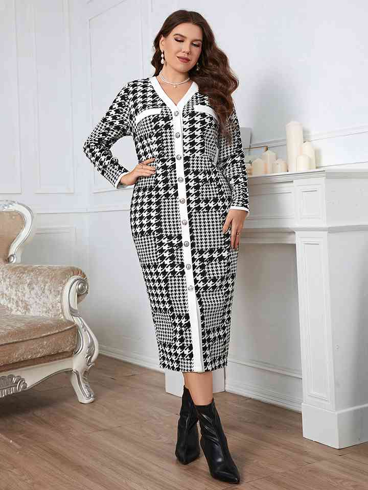 Plus+ Houndstooth Button-Down Long Sleeve Dress