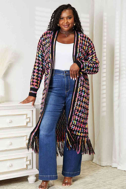 Double Take Multicolored Open Front Fringe Hem Cardigan