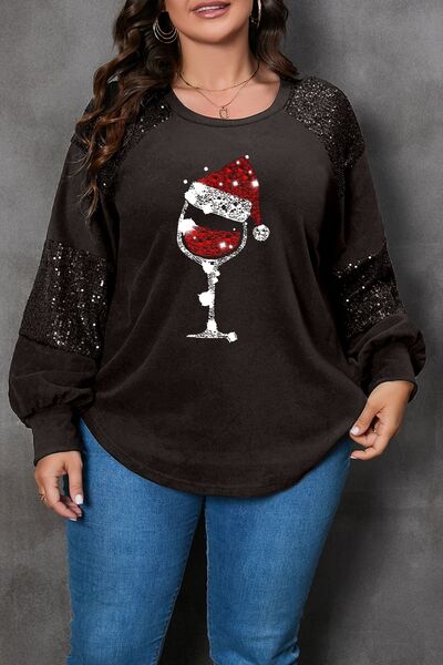 Plus+ Graphic Sequin Long Sleeve Round Neck T-Shirt