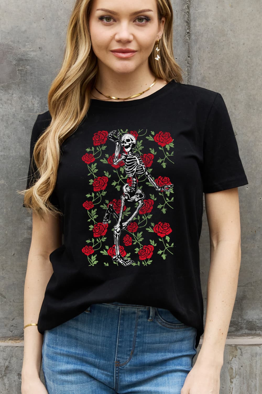 Simply Love Skeleton & Rose Graphic Cotton Tee