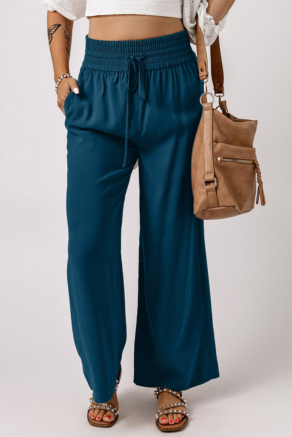 Drawstring Smocked Waist Wide Leg Pants Trendsi