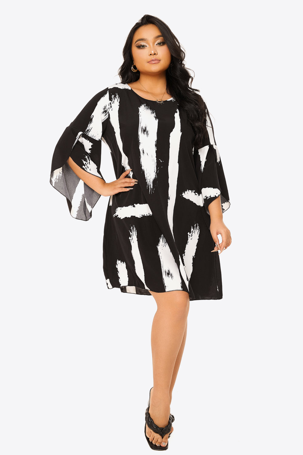 Gem Size Brush Stroke Flare Sleeve Shift Dress Trendsi