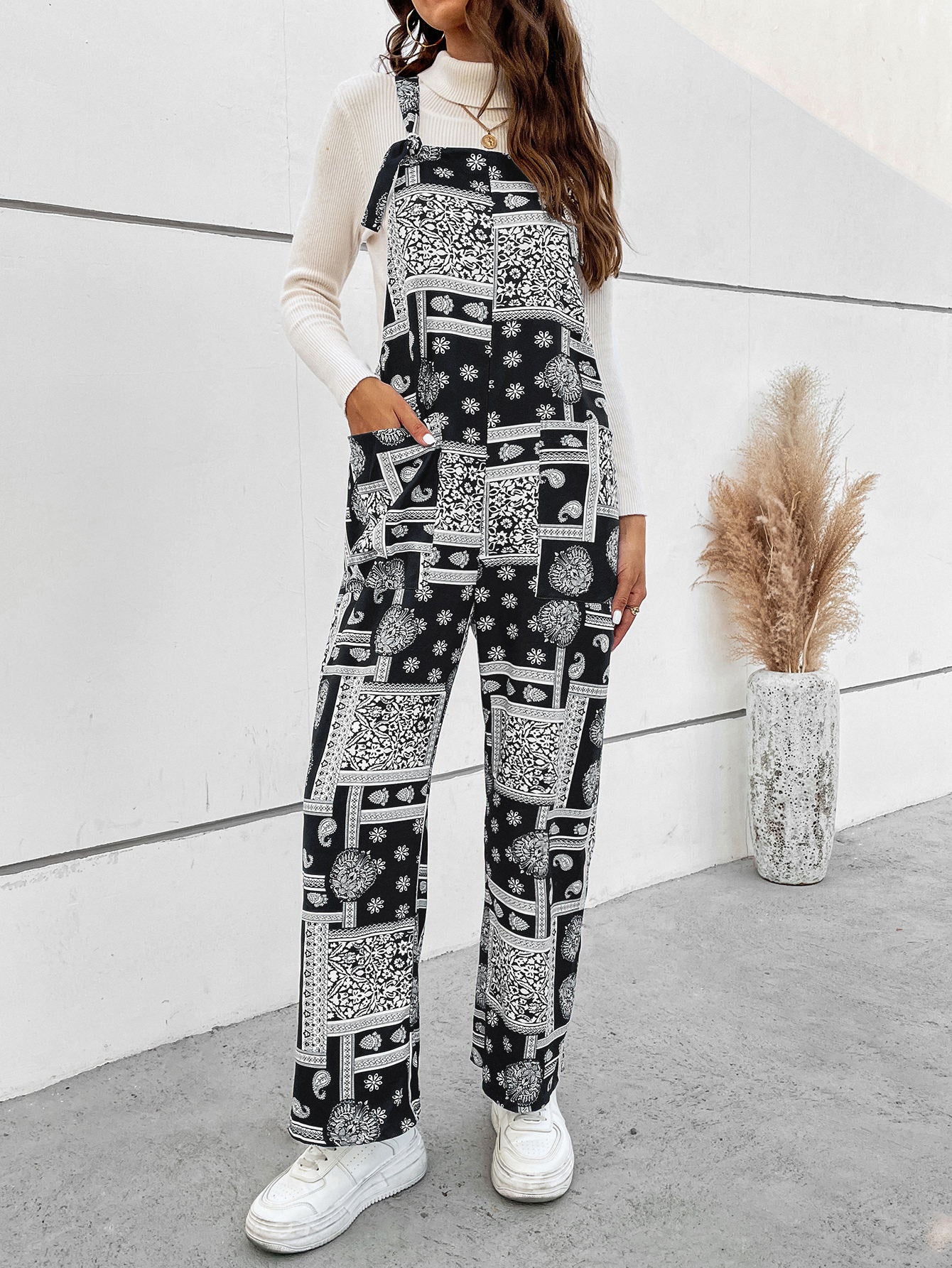 Printed Straight Leg Jumpsuit with Pockets Trendsi