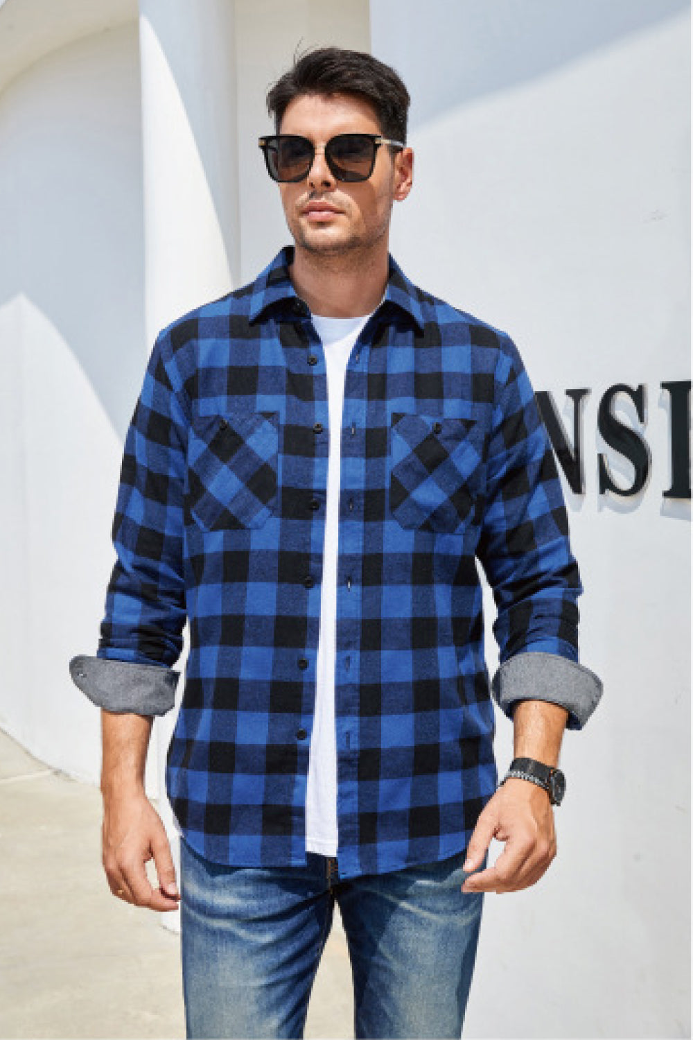 Men's Plaid Button Front Long Sleeve Shirt with Breast Pockets Trendsi