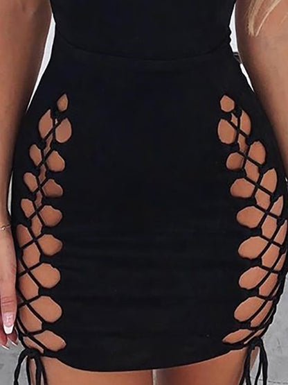 Trendy Solid Black Lace-Up Mini Club Dress Lola’s Hidden Gem