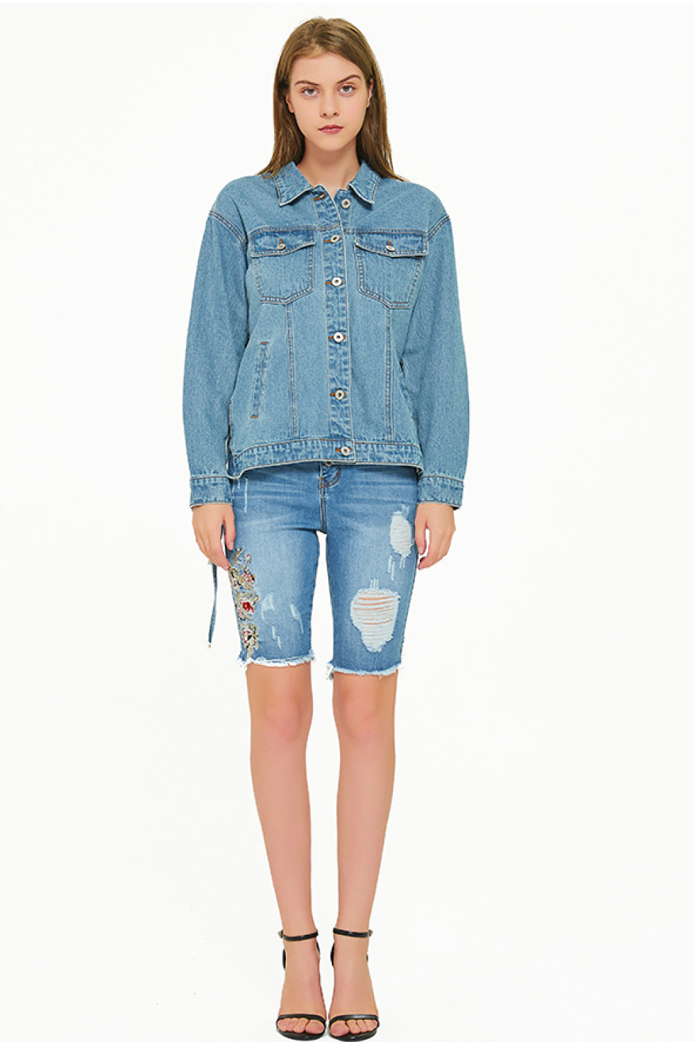 Cutout Back Tassel Denim Jacket Trendsi