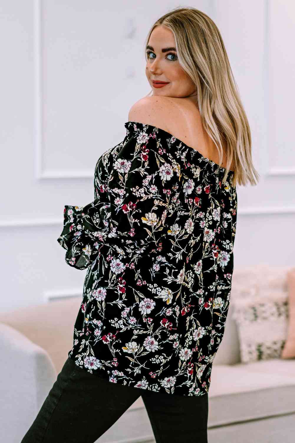 Plus+ Floral Frilled Off-Shoulder Blouse