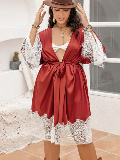 Plus+ Lace Patchwork Tie Front Robe