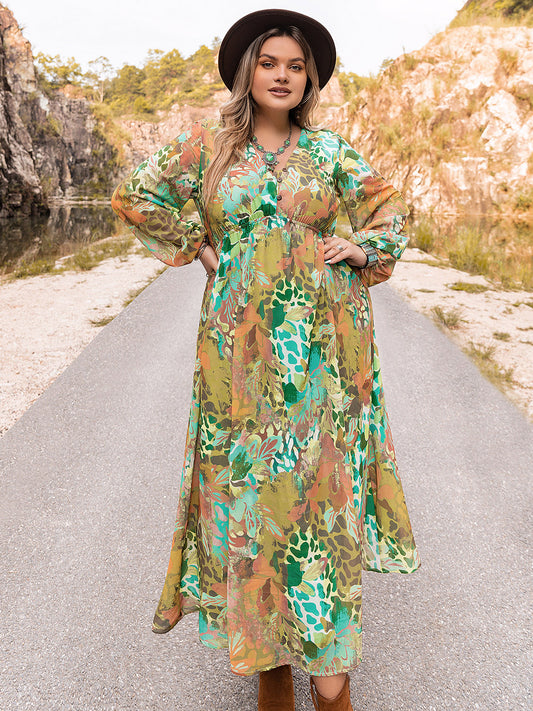 Plus+ Floral V-Neck Long Sleeve Dress