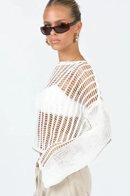 Openwork Boat Neck Long Sleeve Top Trendsi