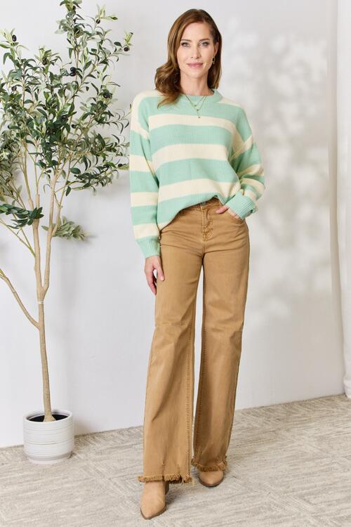 Sew In Love Contrast Striped Round Neck Sweater