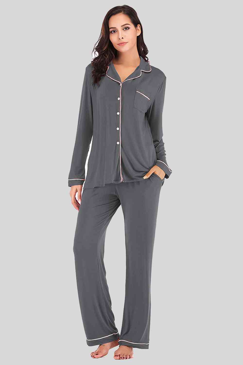 Collared Neck Long Sleeve Loungewear Set with Pockets