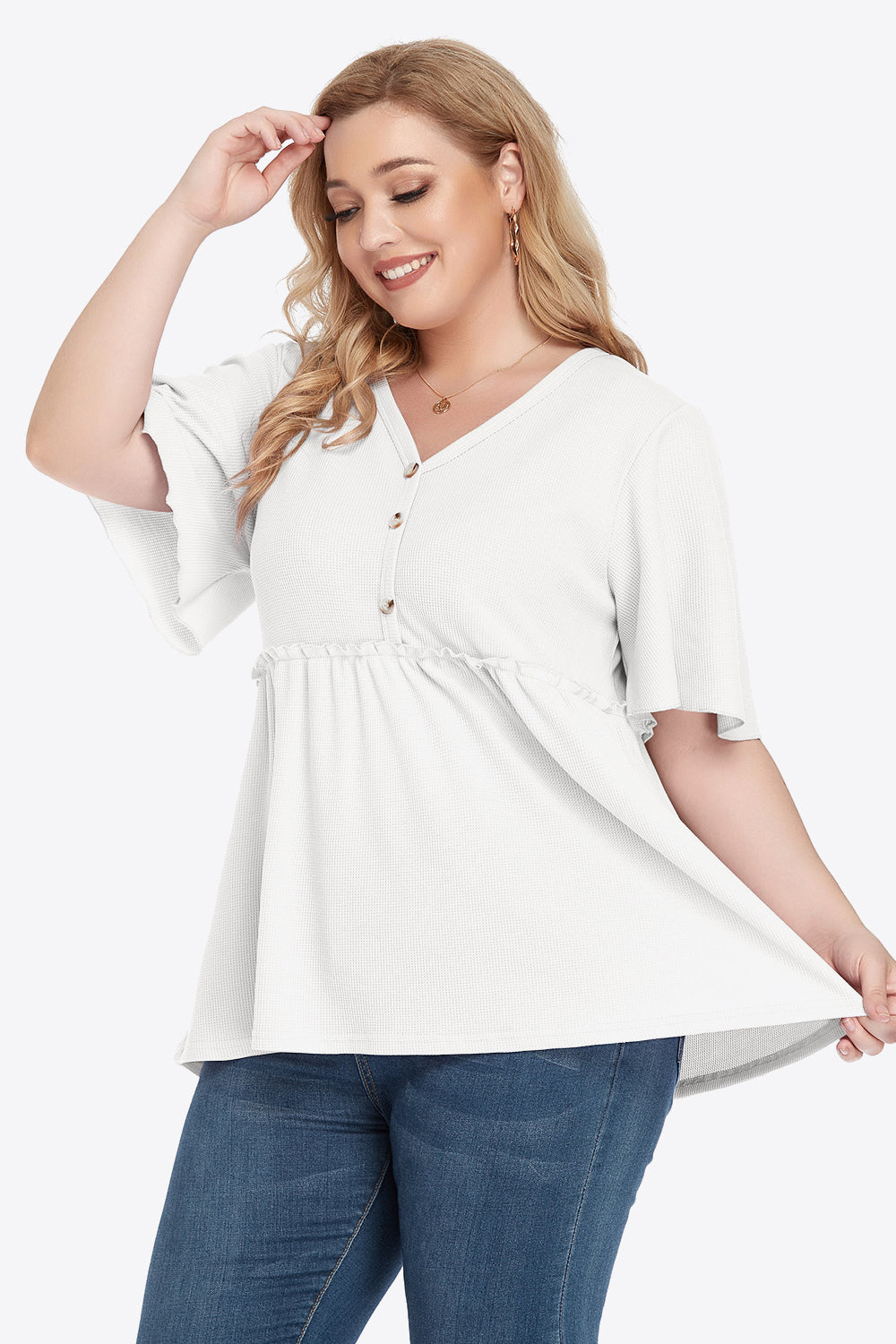 Gem Plus+ Buttoned V-Neck Frill Trim Doll Blouse