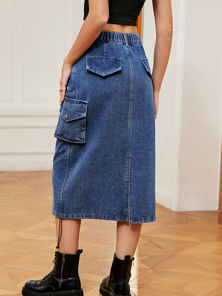 Drawstring Denim Skirt with Pockets