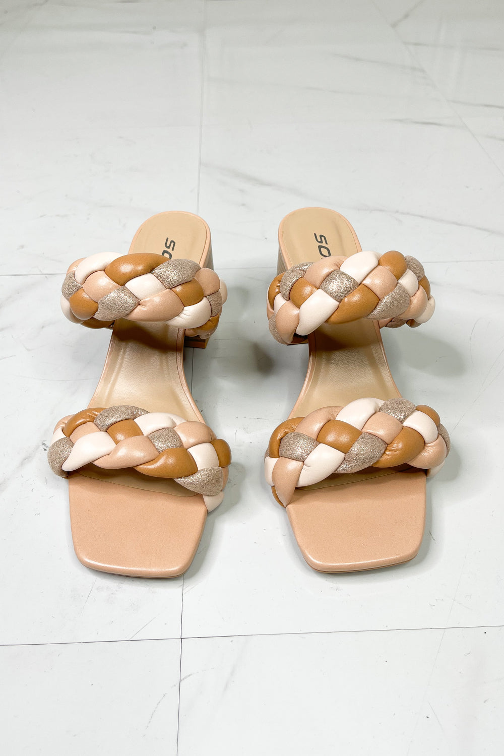 Interwoven Ideas Braided Strap Block Heel Slide Sandal in Nude Trendsi