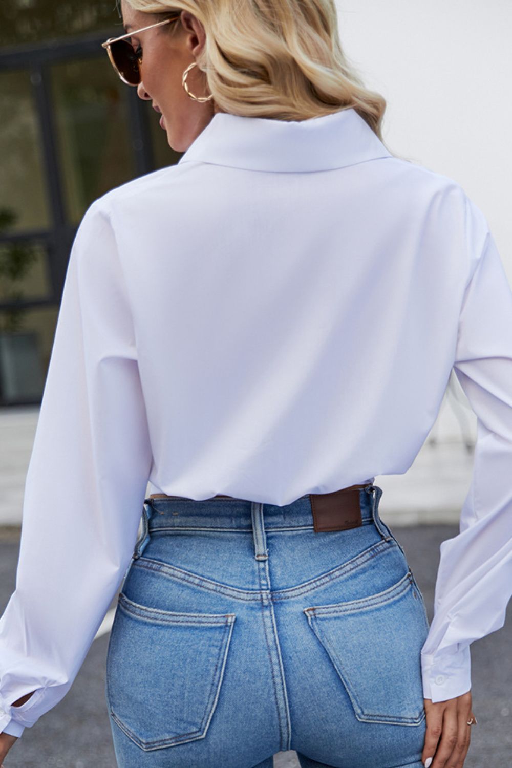 Cropped Lapel Collar Tie Waist Long Sleeve Blouse Trendsi