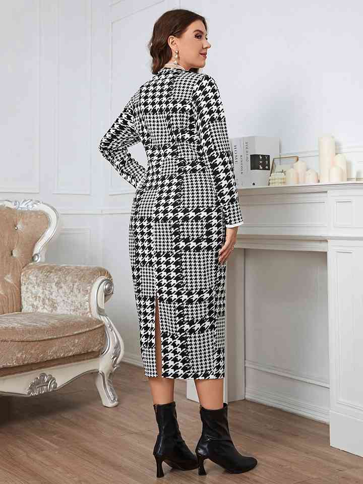 Plus+ Houndstooth Button-Down Long Sleeve Dress