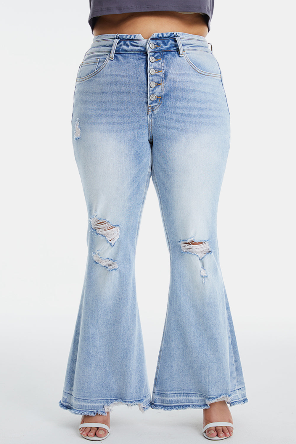 BAYEAS Distressed Raw Hem High Waist Flare Jeans