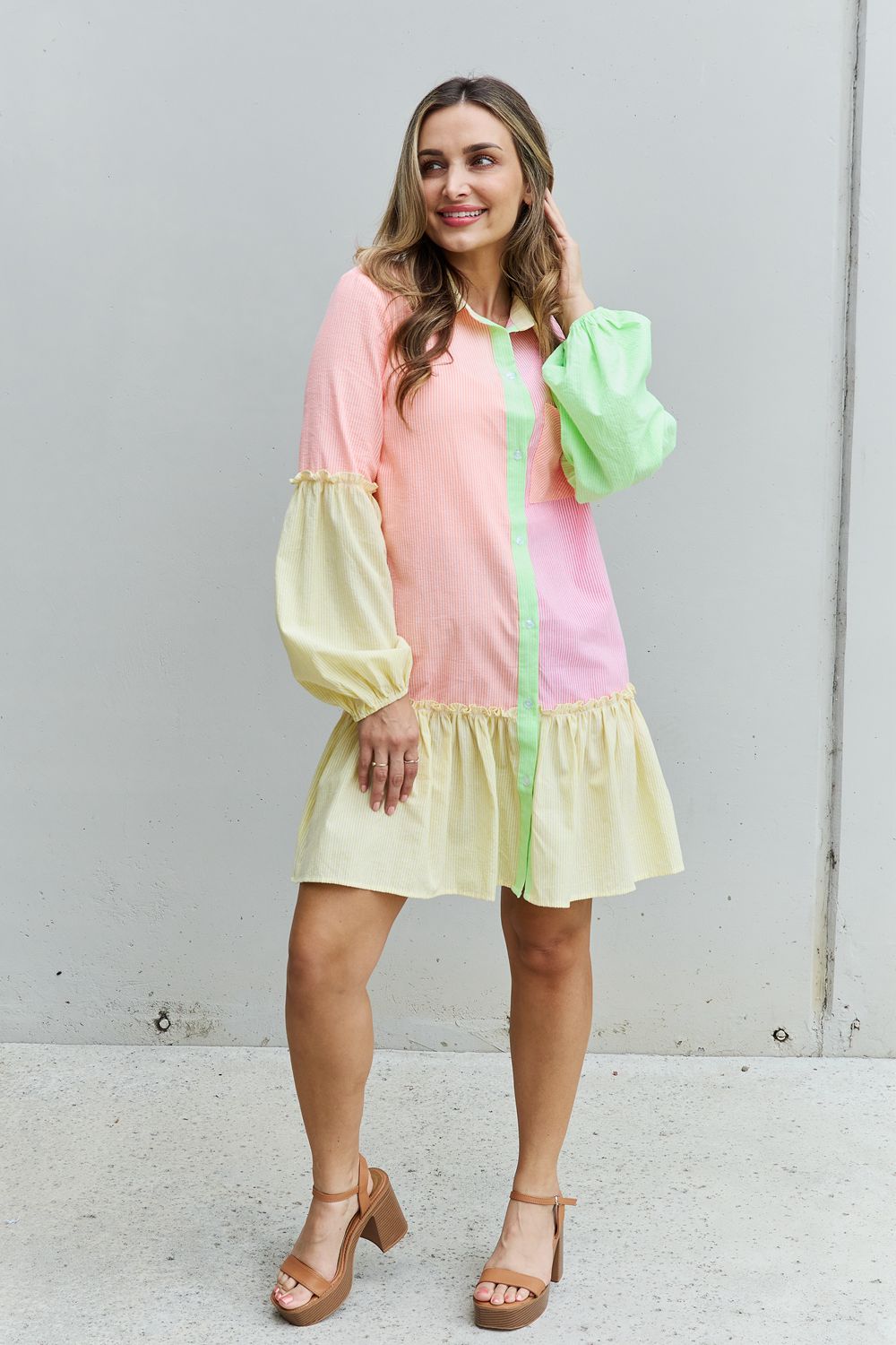 Davi & Dani Flying Colors Color Block Long Sleeve Shirt Dress