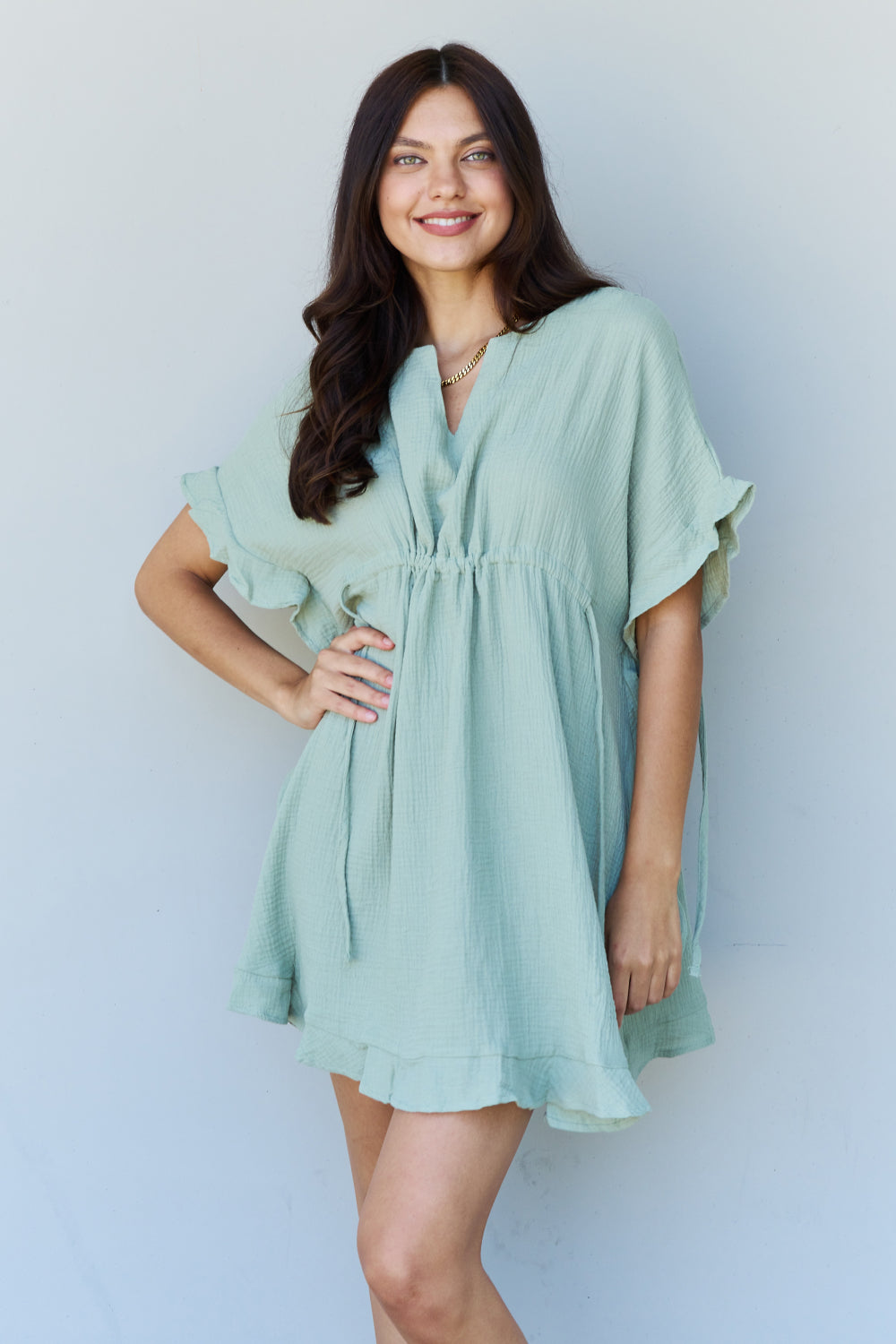 Ninexis Out Of Time Ruffle Hem Dress with Drawstring Waistband - Light Sage