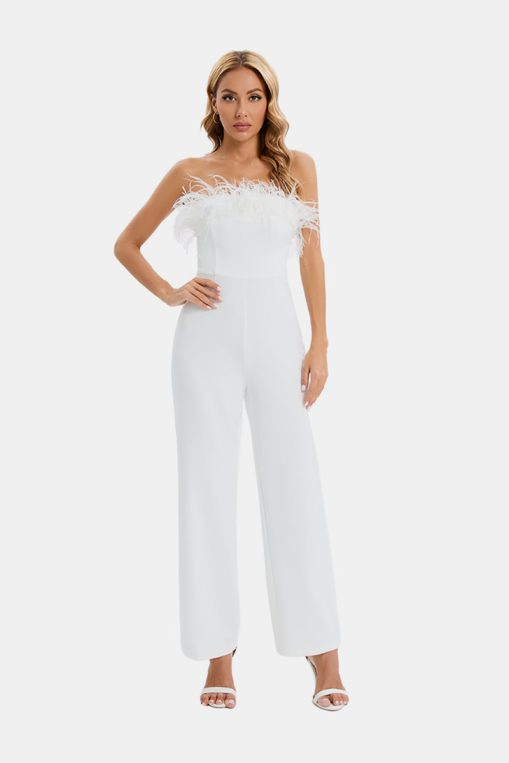 Feather Detail Strapless Jumpsuit Trendsi