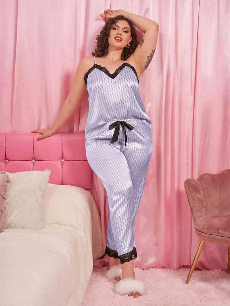 Plus+ Vertical Stripe Lace Trim Cami and Pants Pajama Set