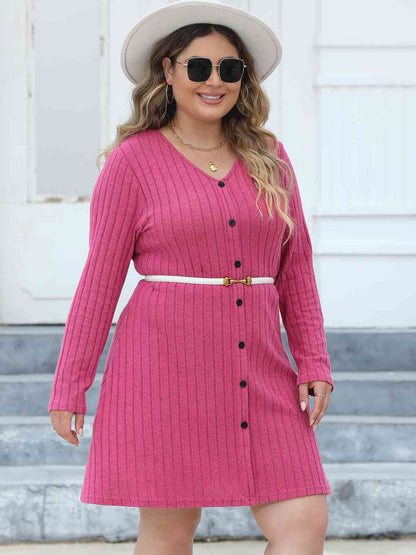 Plus+ Ribbed Buttoned V-Neck Long Sleeve Dress