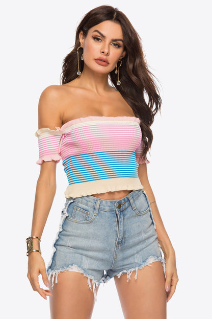 Striped Off-Shoulder Frill Hem Knit Top Trendsi